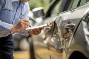Driver reviews an auto insurance declarations page beside car keys, repair paperwork, and a calculator.